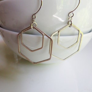 Silver Hexagon Earrings, Minimalist Geometric Dangle Drops, Redpeonycreations image 4
