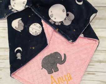 Custom Baby CHOOSE YOUR COLORS Personalized Elephant Double Minky Baby Blanket with Elephant Applique Gray Chevron and Midnight Navy Blue