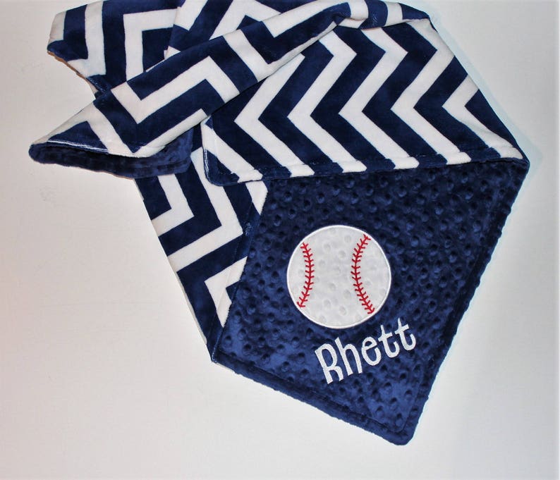 Custom Blanket PERSONALIZED Baseball Baby Blanket Sports Nursery Bedding Decor Double Minky Navy Blue Chevron Baby Boy Blanket
