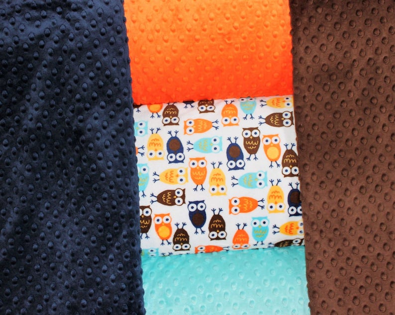 Baby Boy Blanket -Choose Your Colors PERSONALIZED Baby Blanket Orange Brown OWLS Baby Blanket Navy Custom Blanket Double Minky