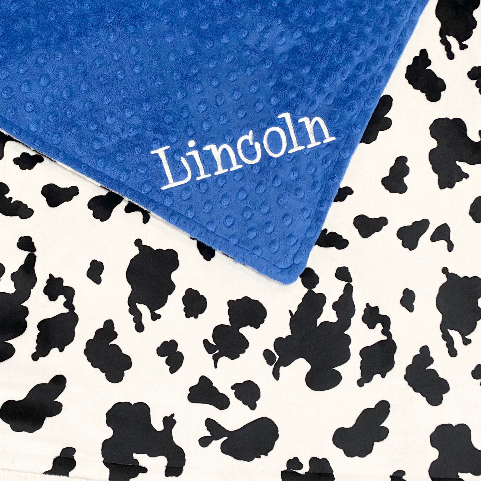 Cow Print PERSONALIZED Baby Blanket Blue Black White Baby Etsy