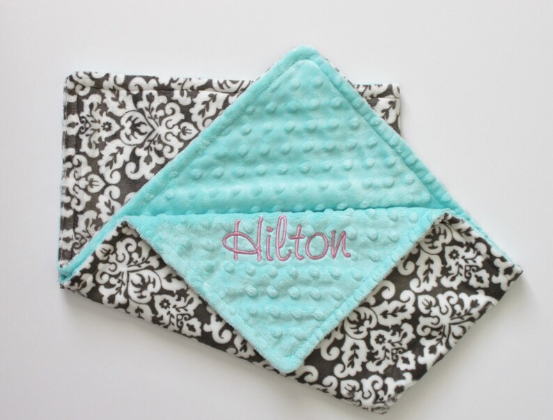 Personalized DOUBLE MINKY Blanket with Gray DAMASK Minky and Etsy
