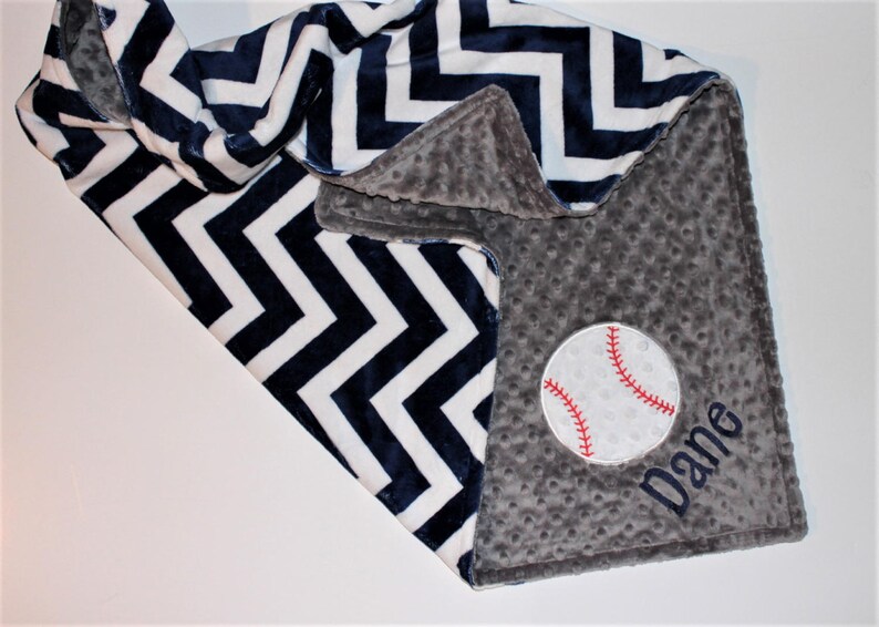 Custom Blanket PERSONALIZED Baseball Baby Blanket Sports Nursery Bedding Decor Double Minky Navy Blue Chevron Baby Boy Blanket