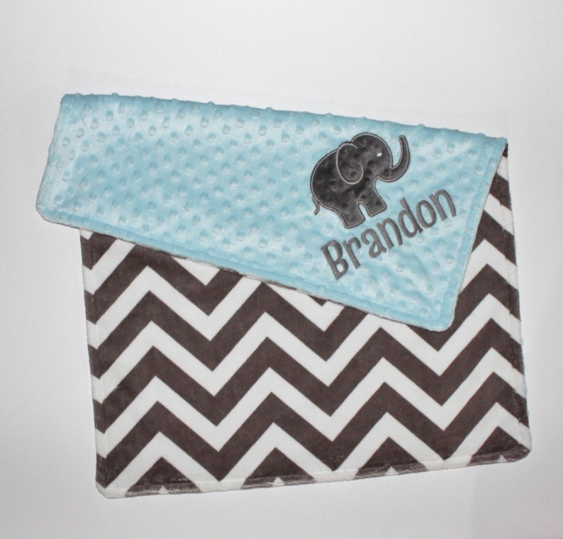 Custom Baby CHOOSE YOUR COLORS Personalized Elephant Double Minky Baby Blanket with Elephant Applique Gray Chevron and Midnight Navy Blue