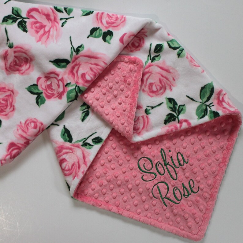 PERSONALIZED Pink and White Roses Flowered Baby Girl Blanket Etsy