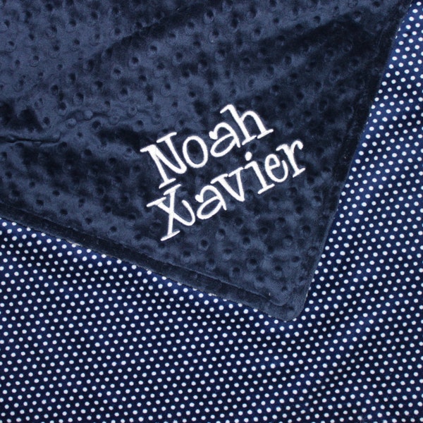 PERSONALIZED DOUBLE MINKY Baby Blanket or Lovey, Navy Polka Dot Blanket, Baby Boy Blanket, Blanket with Name, Custom Blanket, Navy Swiss Dot