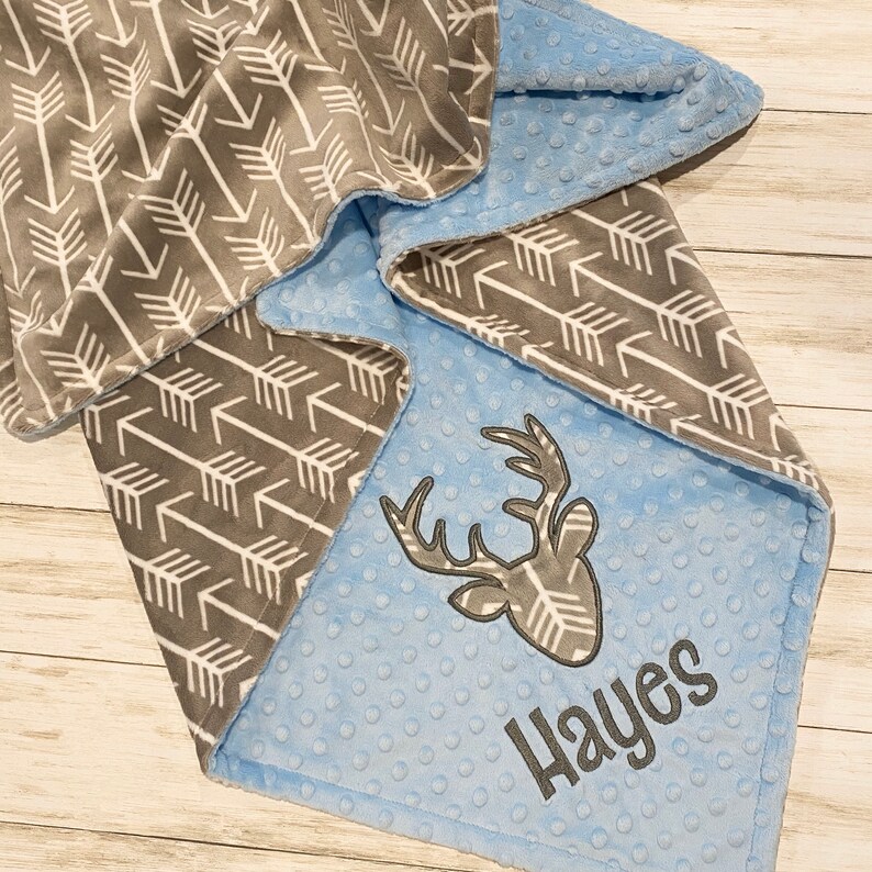 Personalized DOUBLE MINKY Arrows Blanket Gray and Light Baby Blue OR choose your solid color Gray Arrows Blanket or Lovey