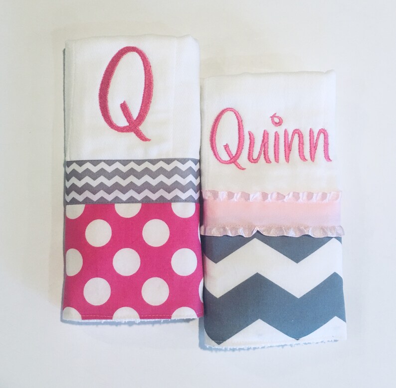 2 Personalized Burp Cloth Set in Pink and Gray Chevron and Etsy