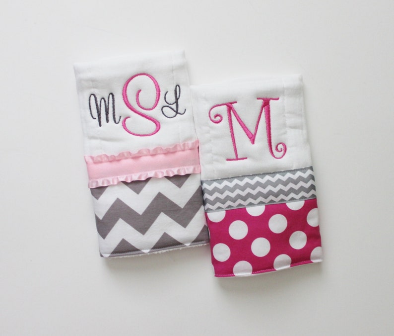 2 Personalized Burp Cloth Set in Pink and Gray Chevron and Etsy