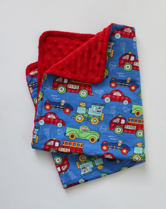 Items similar to Cars Trucks Trains Baby Boy Stroller Blanket with Red