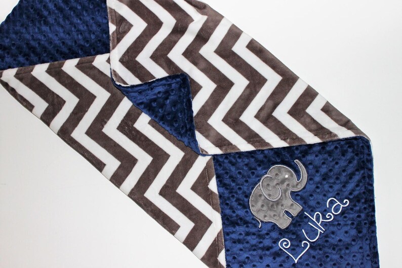 Custom Baby CHOOSE YOUR COLORS Personalized Elephant Double Minky Baby Blanket with Elephant Applique Gray Chevron and Midnight Navy Blue