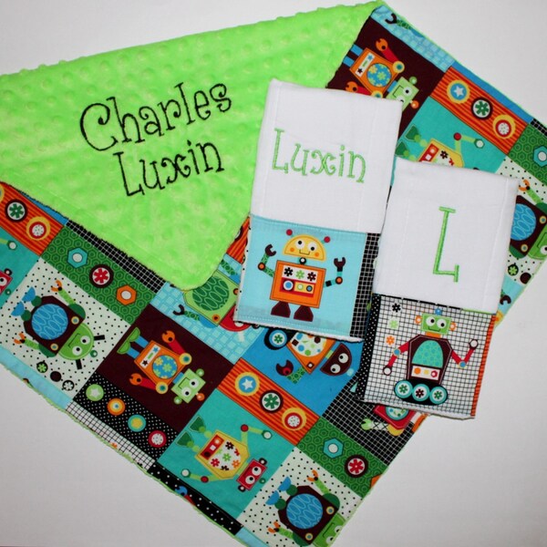 PERSONALIZED Burp Cloth Set and Robots Baby Blanket with Lime Green Dot Minky