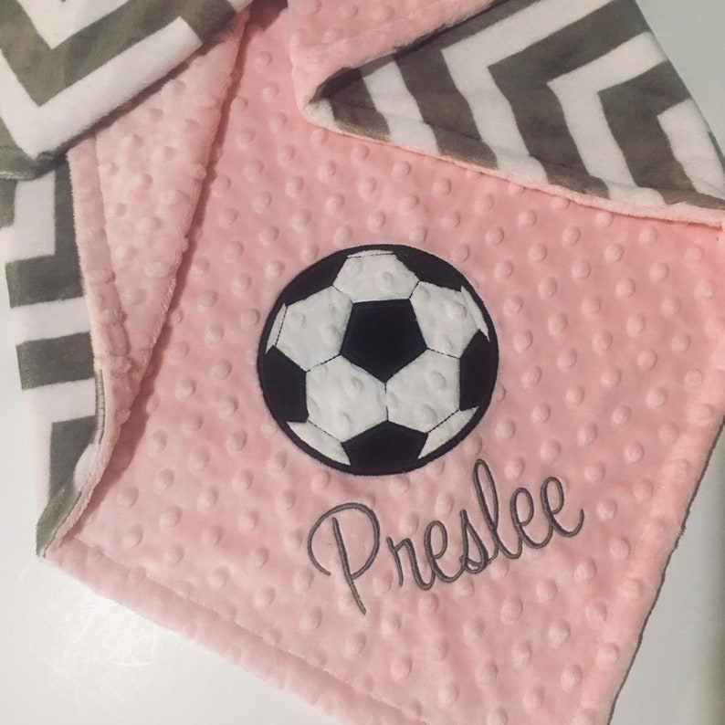 Custom Blanket Sports Nursery Bedding Decor PERSONALIZED Soccer Baby Blanket Double Minky Chevron Baby Girl Blanket Pink and Gray