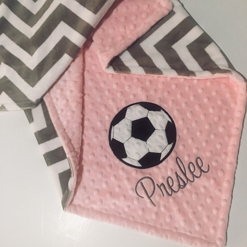 Custom Blanket Sports Nursery Bedding Decor PERSONALIZED Soccer Baby Blanket Double Minky Chevron Baby Girl Blanket Pink and Gray