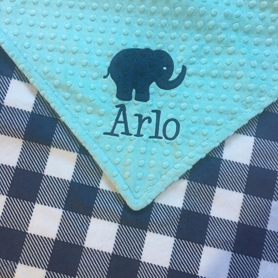 Custom Baby CHOOSE YOUR COLORS Personalized Elephant Double Minky Baby Blanket with Elephant Applique Gray Chevron and Midnight Navy Blue