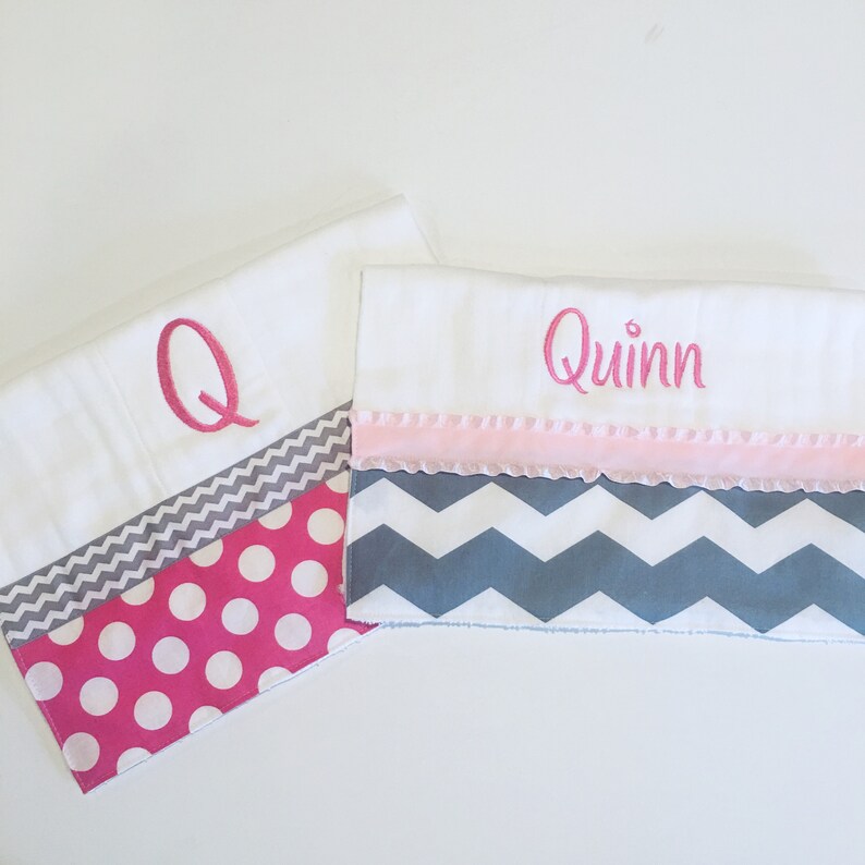 2 Personalized Burp Cloth Set in Pink and Gray Chevron and Etsy