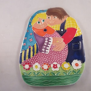 Creazioni Luciano Decorative Hanging Ceramic Tile Pregnant Woman and Man Embracing Made in Italy