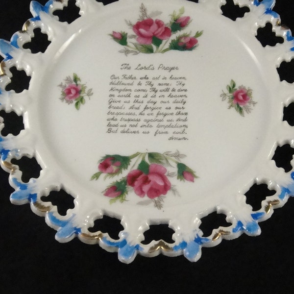 The Lord's Prayer Reticulated Ceramic Plate Rose Decorations Blue and Gold Trim