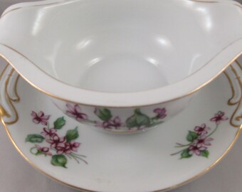 Kyoto China Gravy Boat with Attached Plate Japan White China with Purple Flowers and Green Leaves