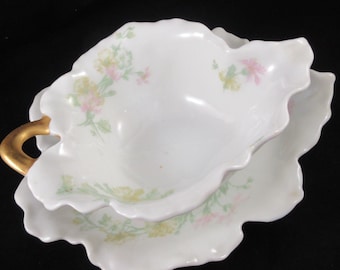 Leaf Shape Dish and Bowl with Floral Design Haviland Limoges France