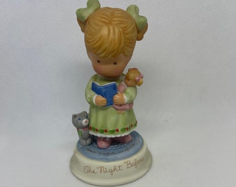 The Night Before Little Girl Holding Doll, Reading Book, Cat by her Side Figurine Avon Porcelain 1987 Christmas Theme