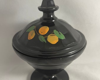Black Glass Covered Sugar Bowl Hand Painted Fruit on Lid