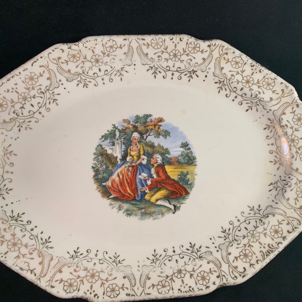 White China Platter 22K Gold Trim Colonial Couple