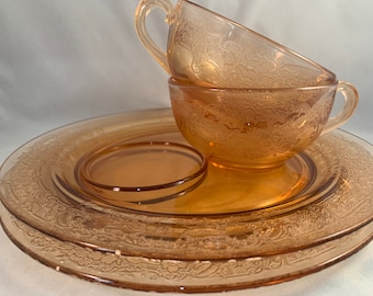 Luncheon Set for Two Orange Glass Floral Etched Plate and Cup Set for 2