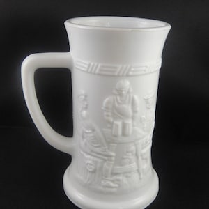 Milk Glass Tall Mug or Stein with Scene of Men at a Bar