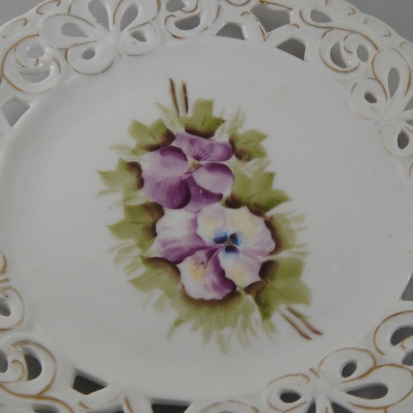 White China Plate with Hand Painted Purple Pansies Reticulated Edge Trimmed in Gold