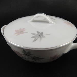 May include: White porcelain sugar bowl with lid, featuring a delicate floral pattern of pink and gray leaves. The bowl has a silver rim and two handles.