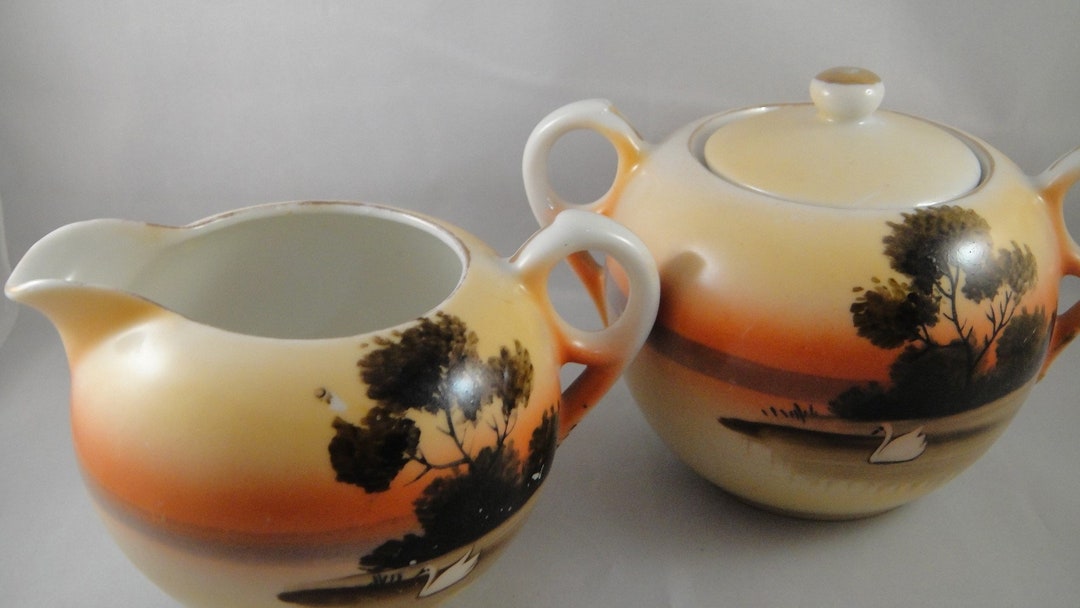 Swan on Lake With Sunset Design Cream and Sugar Set Made in - Etsy