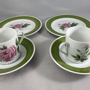 Demitasse Cup Saucer and Dessert Plates for Two Lorenz Hutschenreuther Rose Design by PJ Redoute