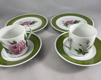 Demitasse Cup Saucer and Dessert Plates for Two Lorenz Hutschenreuther Rose Design by PJ Redoute