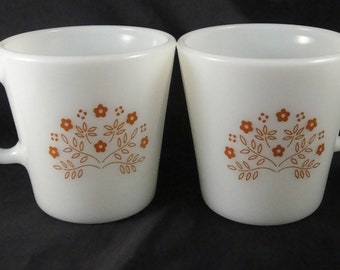 Pyrex/Corning Milk Glass Mugs Brown Floral Design