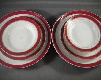 Cranberry and White Lunch for Two - Plates, Saucers and Berry Bowls