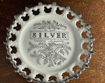 25th Silver Wedding Anniversary Reticulated Plate White China 8”