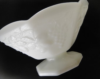 Milk Glass Footed Bowl or Compote Grape Leaf Pattern Octagon Shape