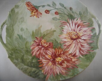 T & V Limoges 2 Handled Plate Hand Painted Green Floral Design Signed and Dated 1903