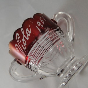 Two Handled Glass with Name Viola and 1951 Date Etched On Ruby Cranberry and Clear Glass