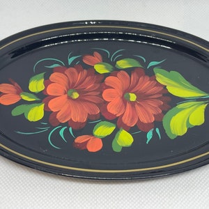 Oval Small Black Metal Tray Hand Painted Floral