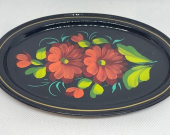 Oval Small Black Metal Tray Hand Painted Floral
