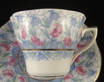 Rosina Bone China 5156 England Cup and Saucer Blue Mauve Floral