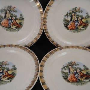 Vintage Colonial Couple Dessert Plates - Set of 4 Gold Trimmed China