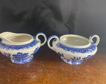 Blue Willow John Steventon Sugar and Creamer Antique Set