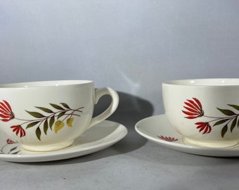 Two White China Cup and Saucer Sets Red Yellow Floral Design USA