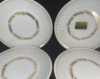 Golden Harvest Federal Four Dinner Plates Milk Glass Gold Trim