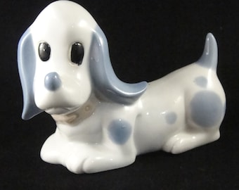 Basset Hound Dog Ceramic Figurine White and Blue Japan