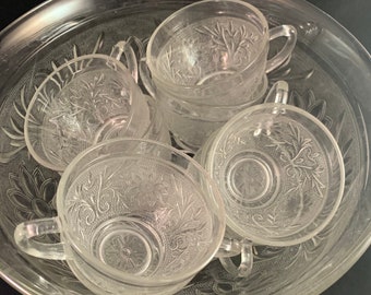 Sandwich Glass Clear Anchor Hocking Punch Bowl and Eight Cups