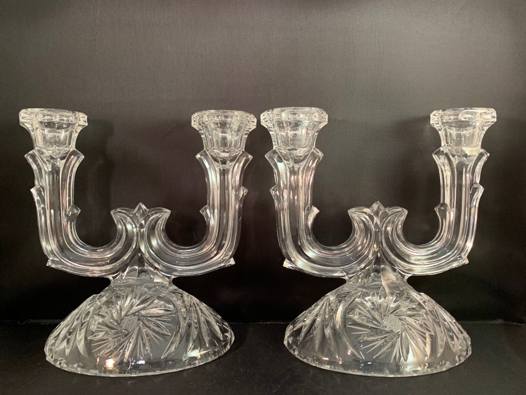 Pair of Clear Glass Double Candle Holders Starburst Design Etsy